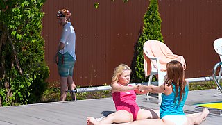 Three girls with long hair have a hot outdoor threesome