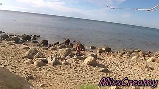 French Amateur Wife Miss Creamy Fucks Big Cock on Nude Beach - Public Sex & Cum in Mouth