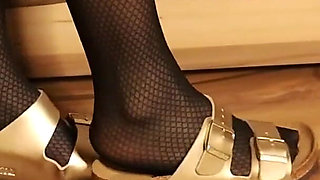Dangling in Fishnet Stockings - Golden Double Strap Slides