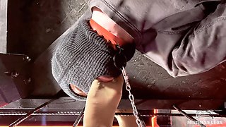 Obedient Slave in a Cage Sucks and Licks Mistress Nylon Soles