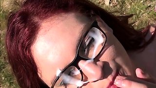 Redhead with glasses pussy doll sex in nature