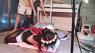 Asian maid hogtied in stockings