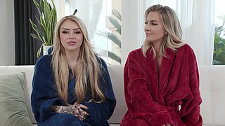 The backstage of the porn set with two hot blondes