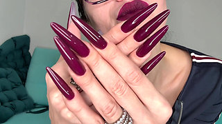 Dark Purple Long Nails, Claws, Long Flexible Fingers and Dark Lipstick