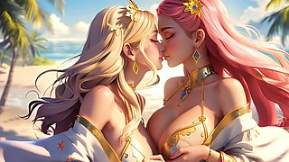 beautiful girls kissing on beach (Ai models)