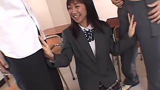 Ryo Akanishi schoolgirl gives double blowjob