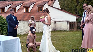 Andrea’s shaved pussy gets licked by her new husband on their wedding day