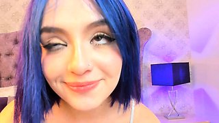 Blue Haired Babe Fuck Her Bald Pussy With Her Dildo
