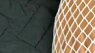 Ebony Girl Shows off Her Feet with French Pedicure in Her White Fishnets