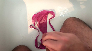 Handjob on the beautiful pink thong my cousin's girlfriend thong tanga panties sperm