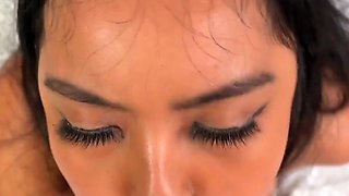 Big tits asian teen Luna Mills rides on big dick POV