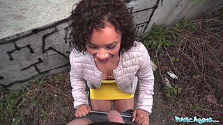 Curly babe in a yellow dress ends up fucked on the street