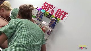 A grocery store foursome begins when the two blonde milfs tease their customer with their big boobs