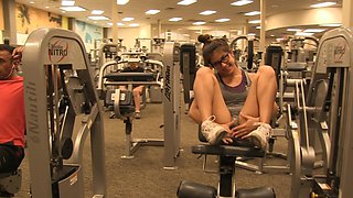 Naughty Natalie with natural tits fingering herself in the gym