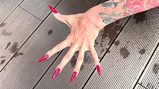 Long Red Nails and Long Fingers in Swimming Pool