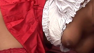 Gorgeous brunette in mini skirt gets playful with a fuck toy in bed