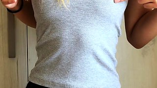 Busty curly brunette with big boobs fucks on couch