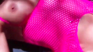 Brunette teen in fishnet gets fucked outdoors