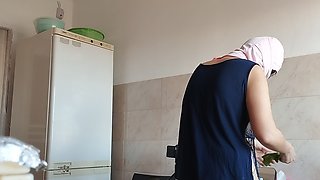 Hairy Brunette Pussy, Big Tits, Sensual Hairy Woman in Kitchen.