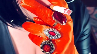 Satin Gloved Cougar Tina Snua Tip To Tails 2 Cigarettes  - Gloves Smoking Smoker Chain Smoking