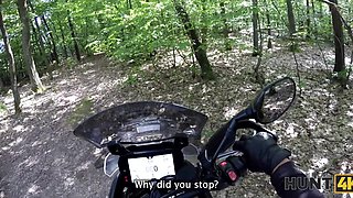 Hot brunette girl got into a light car accident and asks a man on a motorcycle if he can drive her and her husband home for a quick sex while her hus watches them