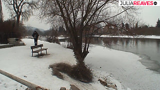 Blonde bitch enjoys riding a fat cock in the snow