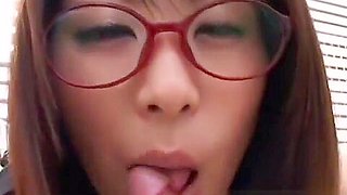 Mimi Kousaka with specs licks hard penis