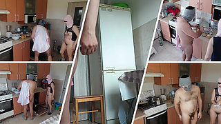 Hot amateur couple having fun in the kitchen. Sexy mom has breakfast in the bedroom, hairy pussy, big tits, big ass.