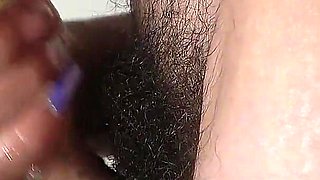 Side View of Really Close up Handjob to His Big Veiny Cock N' Big Hairy Bush.cumshot on Her Hands N' Cum Dripping From Her Nails