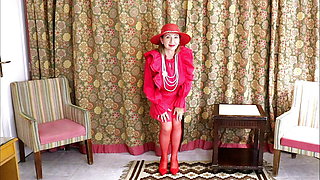 Busty hot granny MariaOld - lady in red, teasing in red stockings and high heels shoes