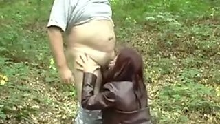 Cheating wife with fat pervert man in the woods