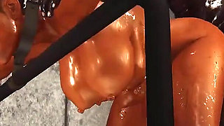 Hot ebony with many boobs in restrains is ready for intense anal sex