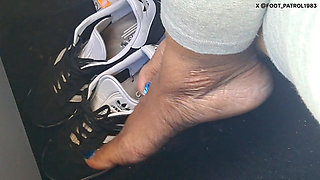 Barefoot Passenger Blue Toes Foot Play While Riding in the Car
