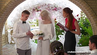 Blonde babe sucks and fucks another guy's cock on her wedding day