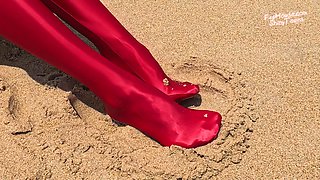 858 Shiny Red Spandex Stockings on the Beach