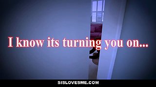 Stepbrother can't resist step-sister's naked half-naked ass & makes her swallow his load