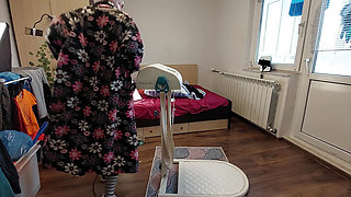 Sexy milf, hairy pussy, big ass, vacuum cleaner in empty house.