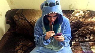 Emo Girlfriend Sucks Lollipop and Something Else in Stitch Cosplay