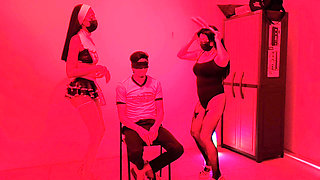 Shy birthday boy gets a sensual dance from two sluts in lingerie