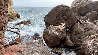 Amigo fucked the climber in the mouth and pussy right on the edge of the cliff