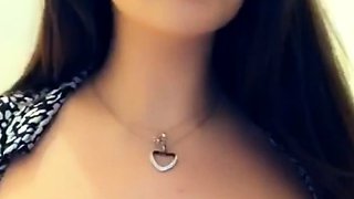 Busty curly brunette with big boobs fucks on couch