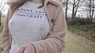 Boobwalk on the Side of the Road, Braless Walking in See Thru Shirt