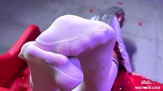Goddess Big Booty and Foot Tease in White Stockings on the Red Couch