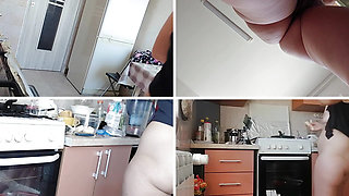Sexy mom prepares breakfast, hairy pussy, big tits.