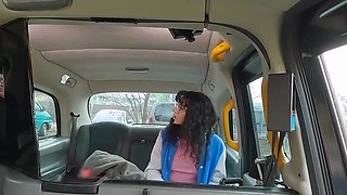 Skinny brunette rocks fat cock in the car