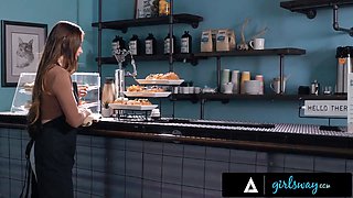 Girlsway - small brunette vigorously fucks her barista gf Hazel Moore while she's working