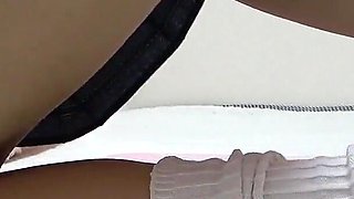 Miniskirt Apron Uniform and Micro Thong Wedgie Ass and Pussy, Natural Tits Slender Japanese Girl Sexy Exercise Tease
