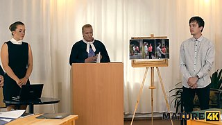 MILF with long hair sucks young stud and her hubby secretly catches them in the act