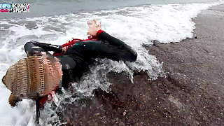 Hogtied in a Wetsuit - Rope Bondage Escape Challenge on the Beach