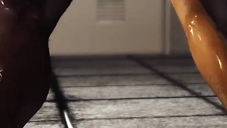 Cuffed sexy blonde with many boobs gets fucked rough by a huge black cock in the prison